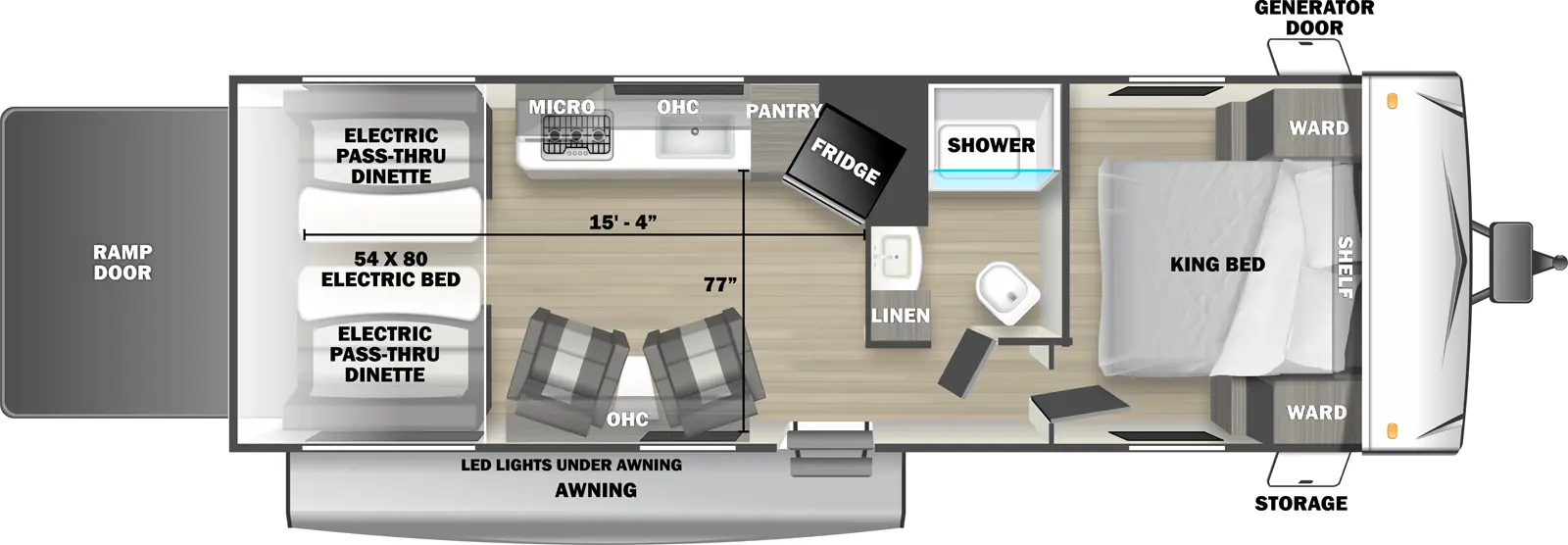 The 2500RLS travel trailer has no slide outs, 1 entry door and 1 rear ramp door. Exterior features include an awning with LED lights, front door side storage and front off-door side generator door. Interior layout from front to back includes: front bedroom with foot-facing King bed, shelf over the bed, and front corner wardrobes; off-door side bathroom with shower, linen storage, toilet and single sink vanity; off-door side kitchen with overhead microwave, overhead cabinets, pantry, stovetop and angled refrigerator; 2 door side recliners with end table; and rear electric 60 x 80 bed with opposing side electric pass-through dinette. Cargo length from rear of unit to kitchen wall is 15 ft. 4 in. Cargo width from kitchen countertop to door side wall is 77 inches.